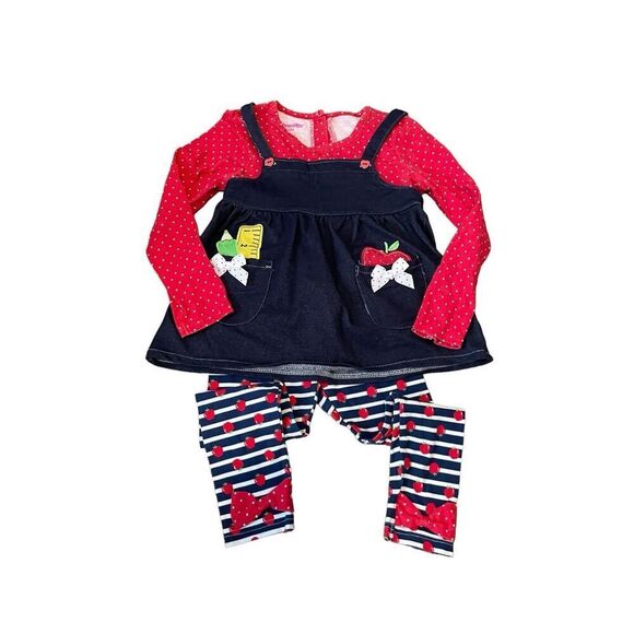 Nannette Girls Size 6 Denim Red Blue Top & Leggings Set Apple Motif Pockets Bows - Picture 5 of 6